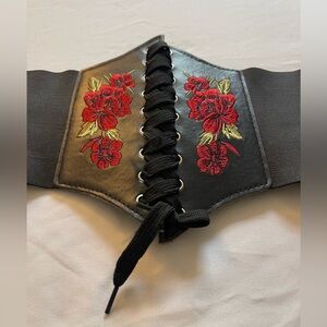 Floral Embroidered Black Corset Belt